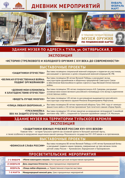 Дневник мероприятий  на 1 квартал 2026 года Тульский Государственный Музей Оружия
