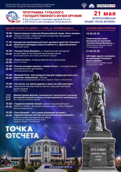 «Точка отсчета» в «Ночь музеев 2022» в Тульском музее оружия! 21 мая с 18.00 до 24.00 часов. Тульский Государственный Музей Оружия